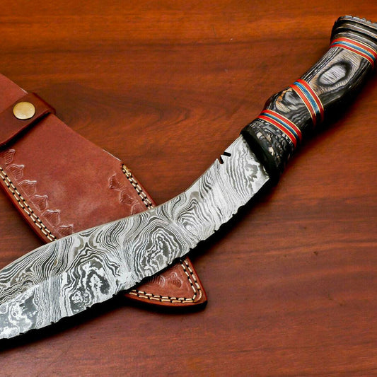 15" Hand Made Damascus Large Kukri Bowie Knife | Hand Carved Hardwood Handle