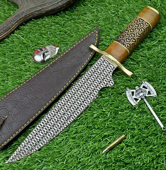 15" Handcrafted J2 Steel Damascus Bowie Knife with Hardwood Handle & Leather Sheath
