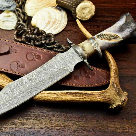15" Handmade Damascus Bowie – Engraved Camel Bone Handle & Leather Sheath