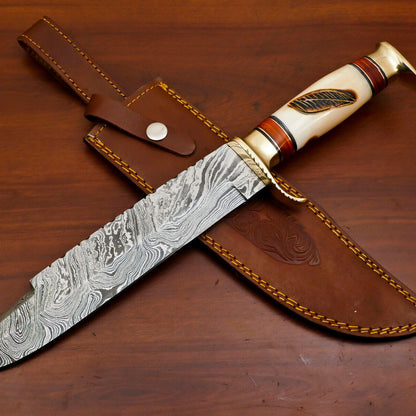 15" Handmade Damascus Bowie Knife | Burn-Engraved Camel Bone & Brass Guard