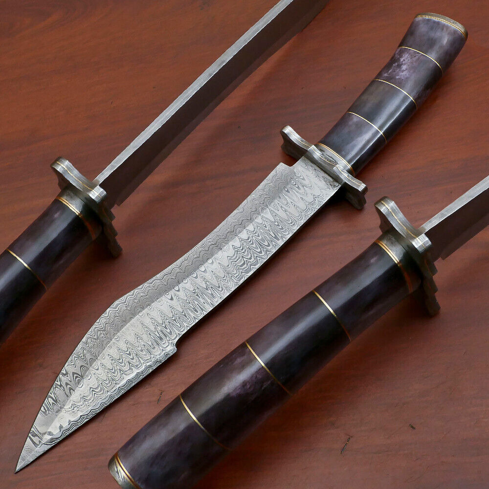 15" Handmade Damascus Bowie Knife – Camel Bone Handle & Damascus Guard