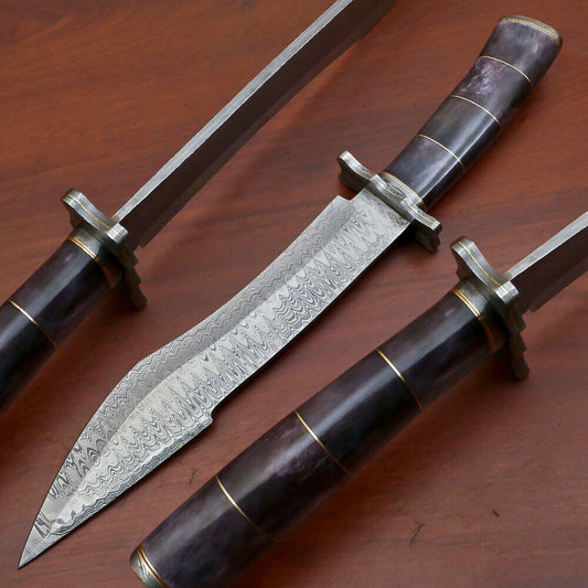 15" Handmade Damascus Bowie Knife – Camel Bone Handle & Damascus Guard