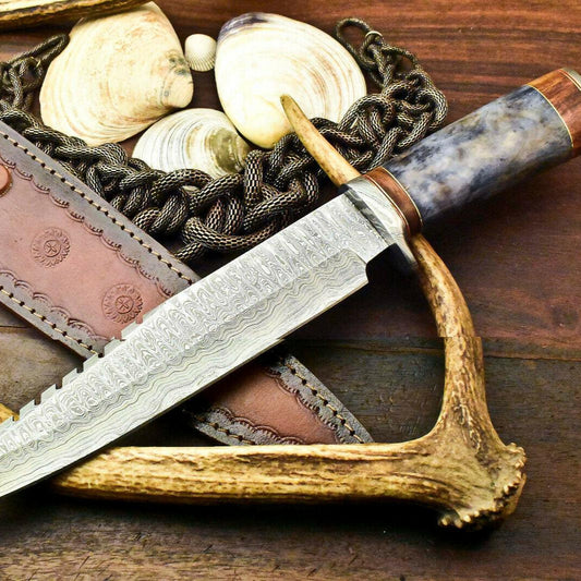 15" Handmade Damascus Bowie Knife – Camel Bone Handle & Leather Sheath