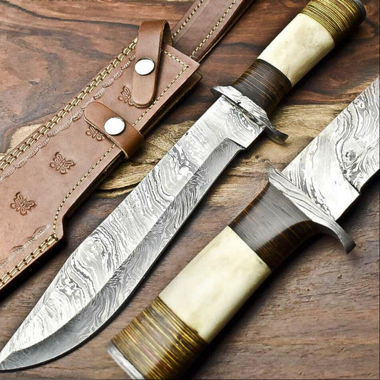 15" Handmade Damascus Bowie Knife Custom Bowie Knife with Camel Bone Handle 