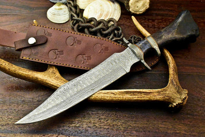 15" Handmade Damascus Bowie Knife Damascus Steel Knife With Engraved Camel Bone Handle 