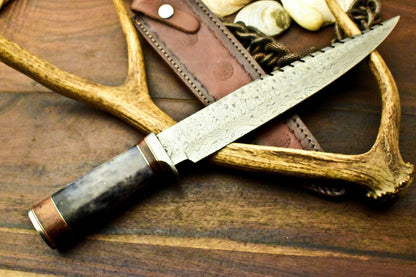 15" Handmade Damascus Bowie Knife Damascus Steel Knife with Polished Camel Bone Handle