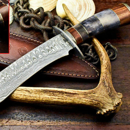 15" Handmade Damascus Bowie Knife | Engraved Camel Bone Handle