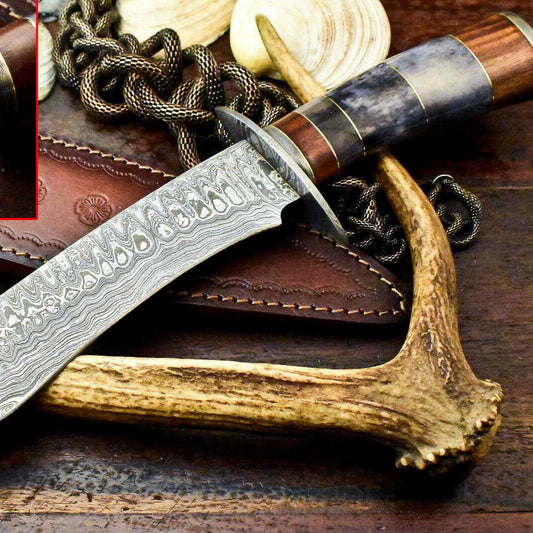 15" Handmade Damascus Bowie Knife | Engraved Camel Bone Handle