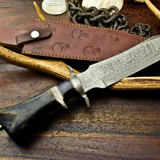 15" Handmade Damascus Bowie Knife – Engraved Camel Bone Handle & Leather Sheath