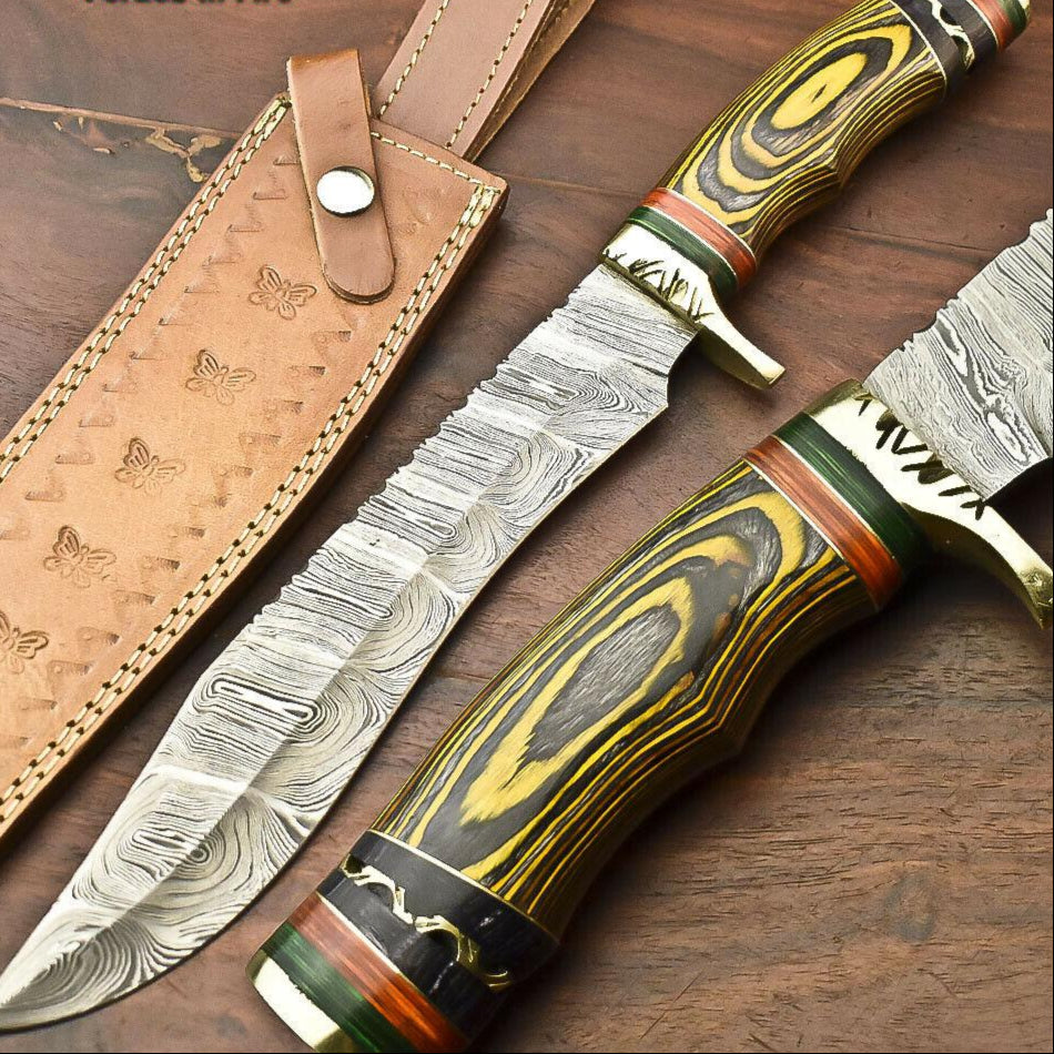 15” Handmade Damascus Bowie Knife | Hardwood Handle & Leather Sheath