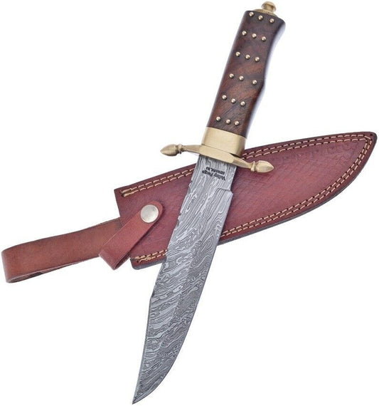 15" Handmade Damascus Bowie Knife – Walnut Handle & Brass Guard with Leather Sheath