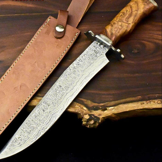 15" Handmade Damascus Bowie Knife | Walnut Wood Handle & 10" Blade