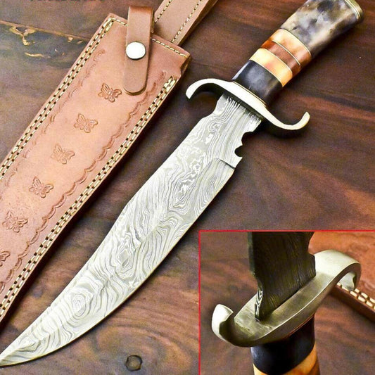 15" Handmade Damascus Bowie Knife with Camel Bone Handle & Leather Sheath
