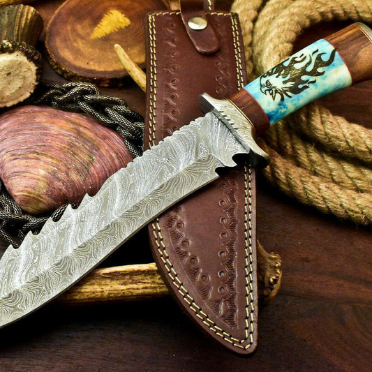 15" Handmade Damascus Hunting Bowie Knife | Laser Etched Stained Camel Bone Handle