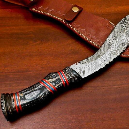 15" Handmade Damascus Khukri Bowie – Hand Carved Wood Handle & Leather Sheath