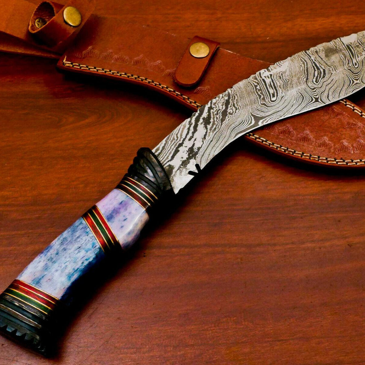 15" Handmade Damascus Khukri Bowie Knife | Bone & Wood Handle