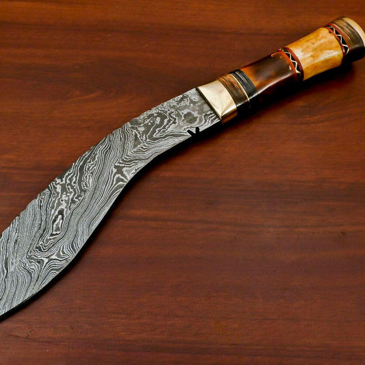 15" Handmade Damascus Khukri Bowie Knife – Stained Camel Bone & Pakka Wood