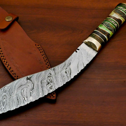 15" Handmade Damascus Khukri Kukri Bowie Knife – Engraved Bone Handle