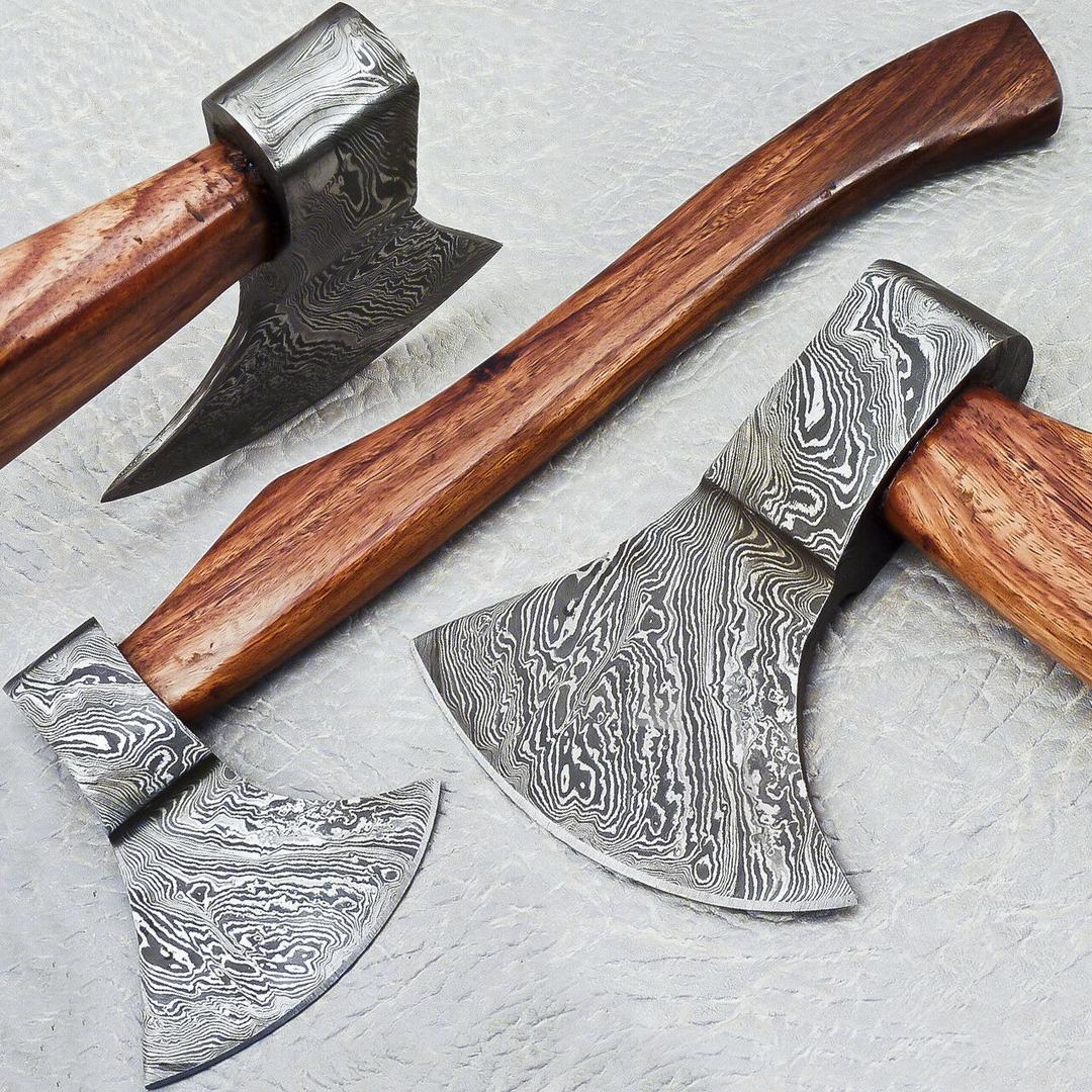 15" Handmade Damascus Steel Axe | Unique Hunting Axe With Natural Wood Handle