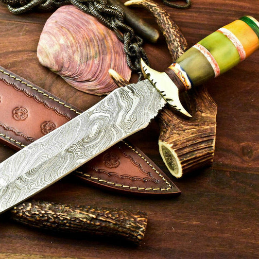 15" Handmade Damascus Steel Bowie Hunting Knife – Bone Handle