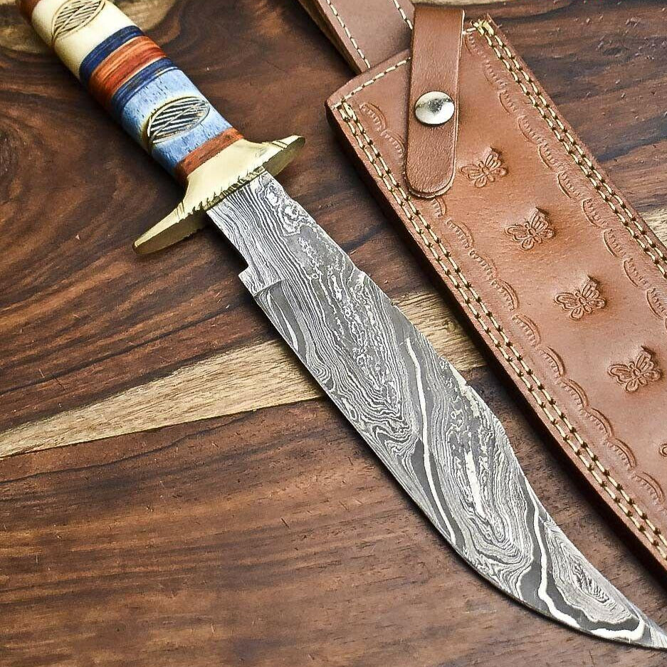 15" Handmade Damascus Steel Bowie Hunting Knife | Camel Bone Handle with Leather Sheath