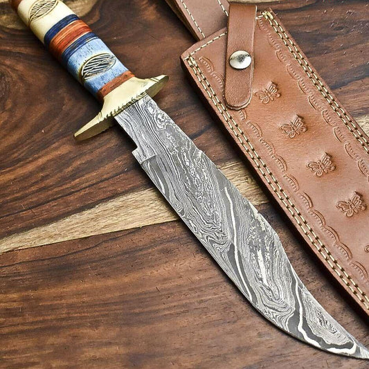 15" Handmade Damascus Steel Bowie Hunting Knife | Camel Bone Handle with Leather Sheath