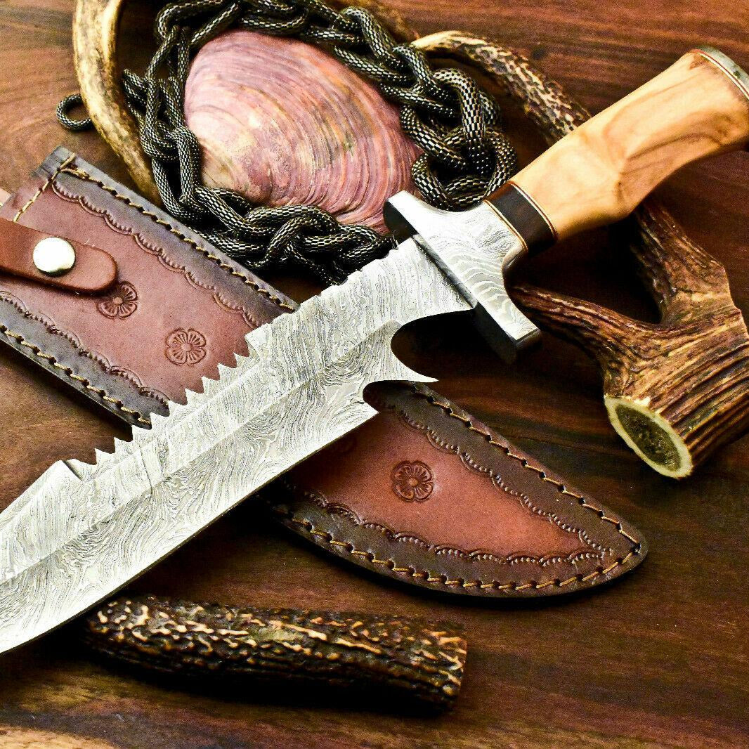 15" Handmade Damascus Steel Bowie Hunting Knife | Olive Wood Handle