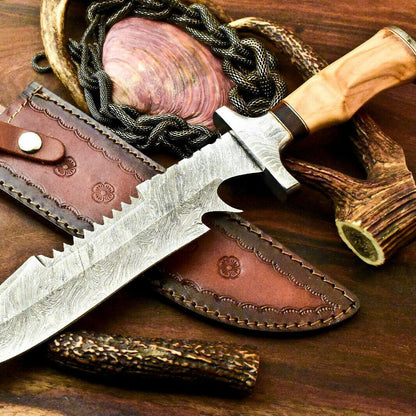 15" Handmade Damascus Steel Bowie Hunting Knife | Olive Wood Handle