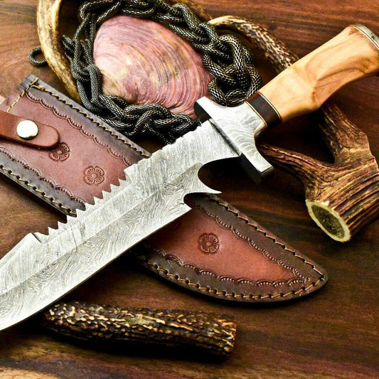 15" Handmade Damascus Steel Bowie Hunting Knife | Olive Wood Handle
