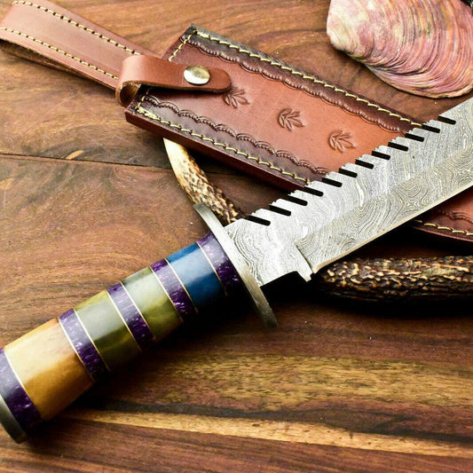 15" Handmade Damascus Steel Bowie Hunting Knife – Stained Camel Bone Handle