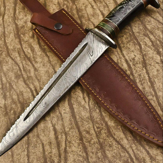 15" Handmade Damascus Steel Bowie Knife – Bull Horn Handle