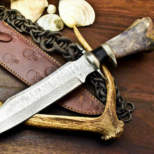 15” Handmade Damascus Steel Bowie Knife | Camel Bone Handle