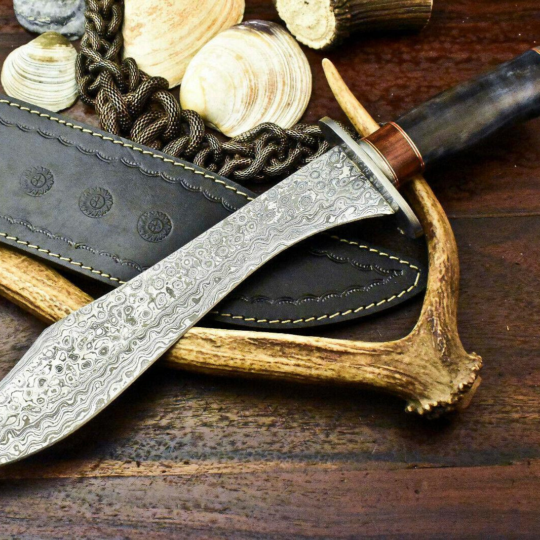 15" Handmade Damascus Steel Bowie Knife – Camel Bone Handle with Leather Sheath