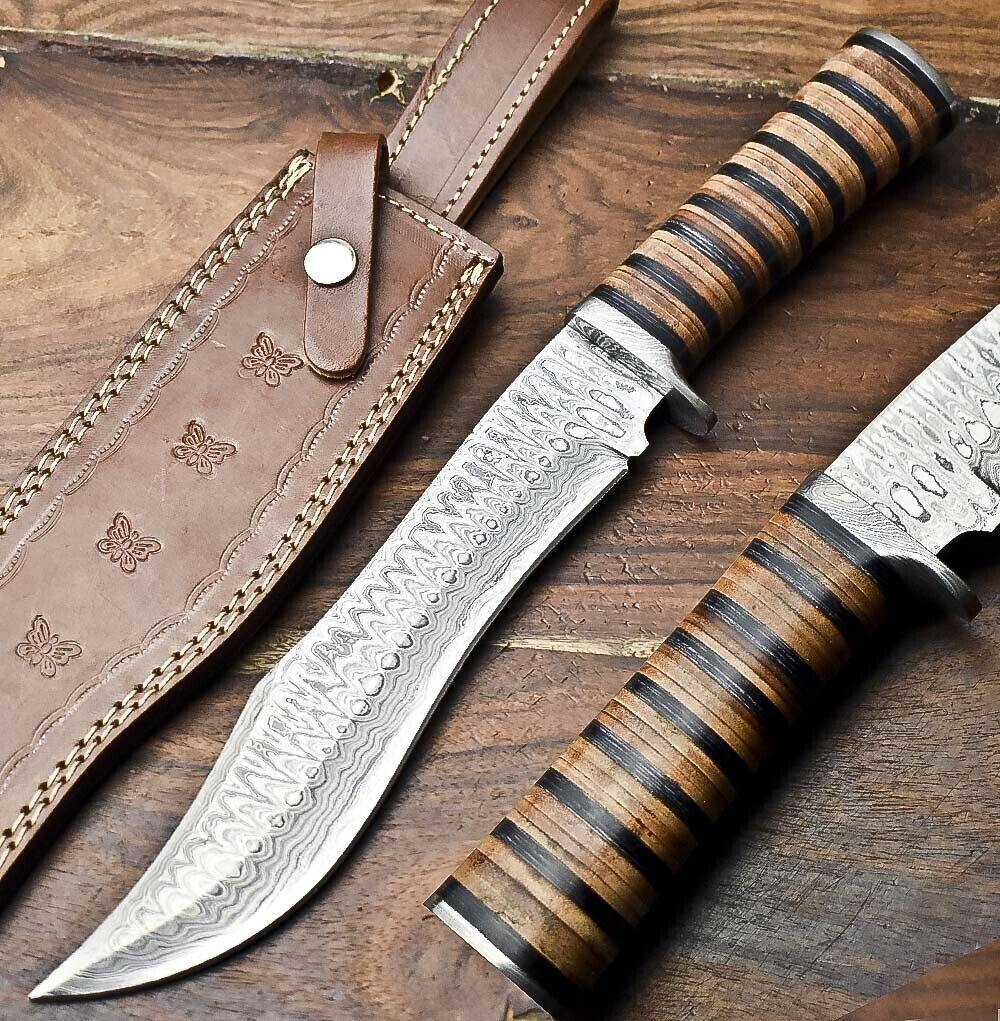 15" Handmade Damascus Steel Bowie Knife – Stacked Leather Handle & Cowhide Sheath