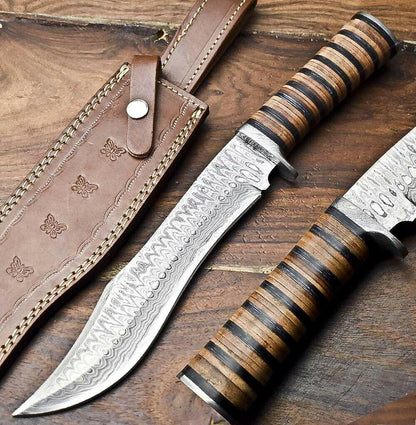 15" Handmade Damascus Steel Bowie Knife – Stacked Leather Handle & Cowhide Sheath