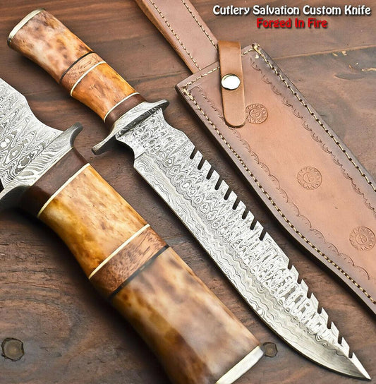 15" Handmade Damascus Steel Bowie Knife with Camel Bone Handle