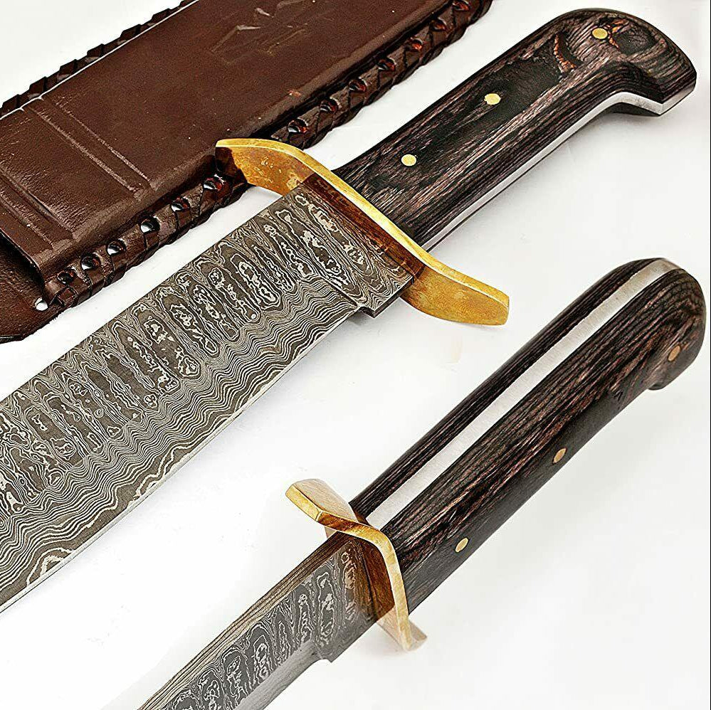 15" Handmade Damascus Steel Bowie Knife with Diamond Wood Handle & Brass Guard