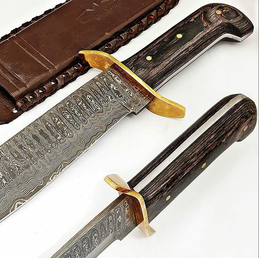 15" Handmade Damascus Steel Bowie Knife with Diamond Wood Handle & Brass Guard
