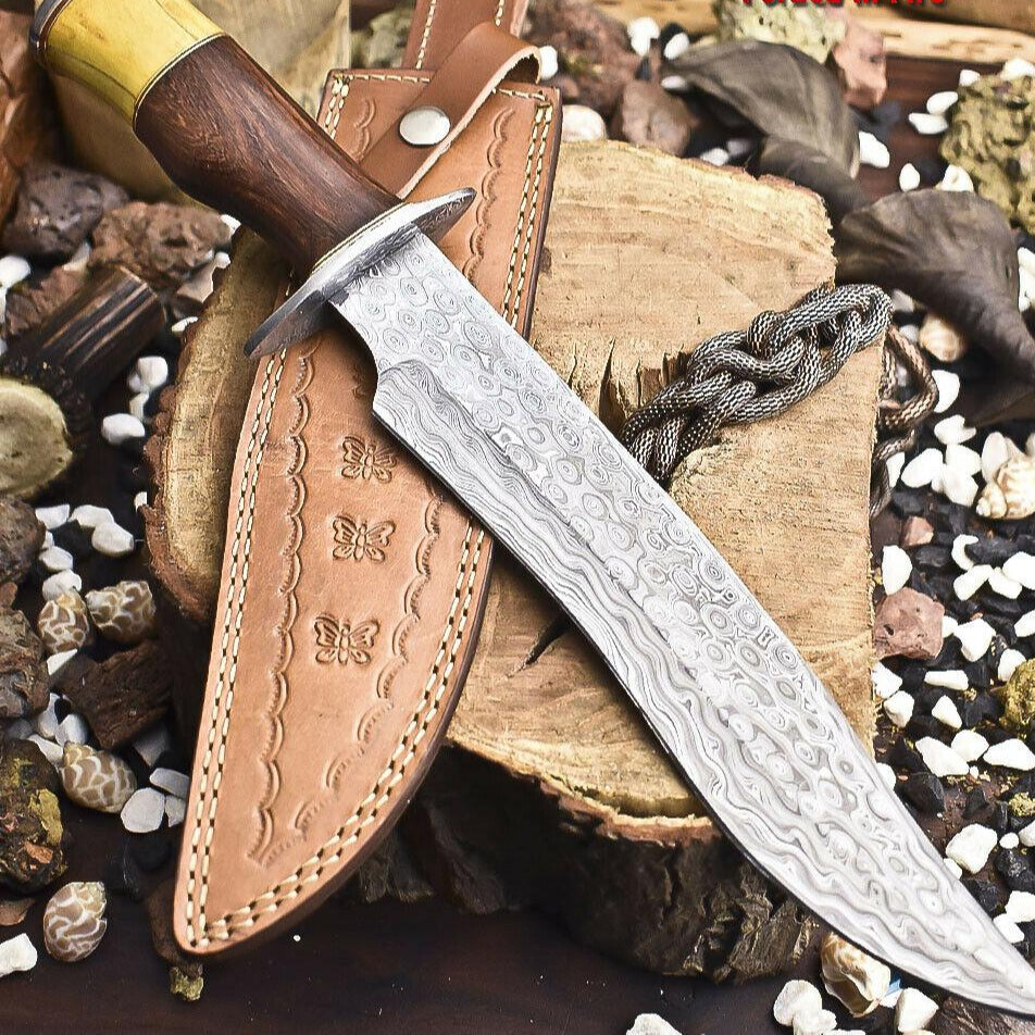 15" Handmade Damascus Steel Bowie Knife with Walnut Wood Handle