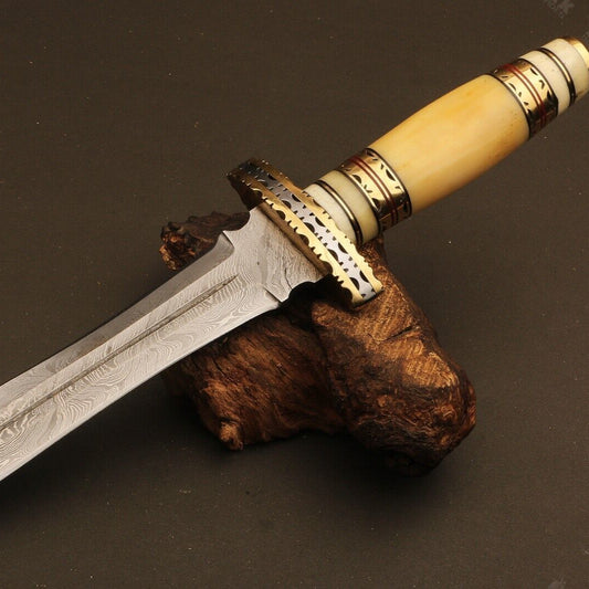 15" Handmade Damascus Steel Dagger Bowie Knife – Ladder Pattern Blade & Bone Handle