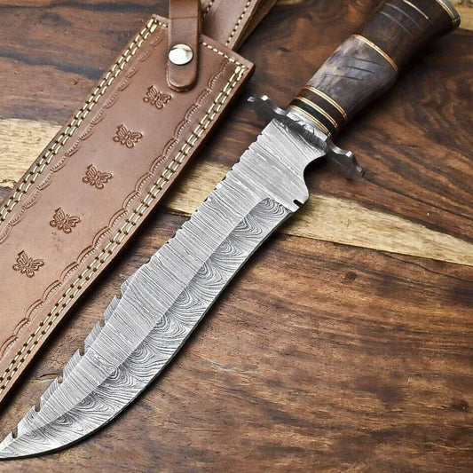 15" Handmade Damascus Steel Hunting Bowie Knife – Camel Bone Handle with Leather Sheath