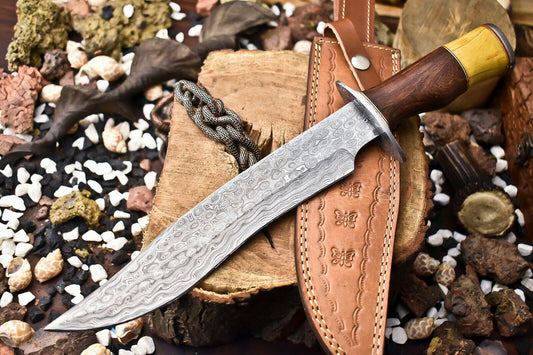 15" Handmade Damascus Steel Knife Bowie Knife for Sale with Walnut Wood Handle & Sheath