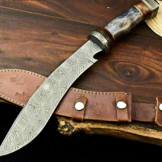15" Handmade Damascus Steel Kris Blade Bowie Knife with Camel Bone & Walnut Handle