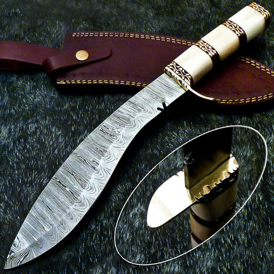 15" Handmade Twist Damascus Steel Bowie & Kukri Hunting Knife – Camel Bone Handle