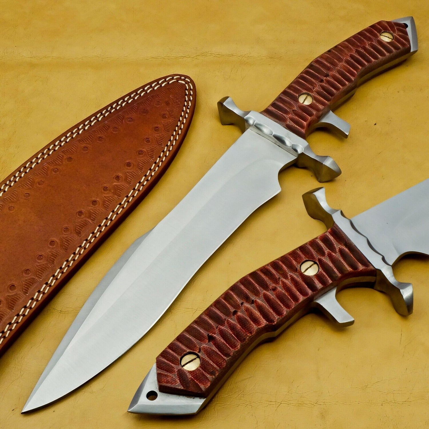 15" Heritage Forge Carbon Steel Hunting Knife – Walnut Wood Handle with Leather Sheath
