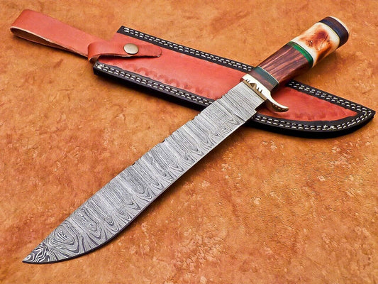 15 Inch Custom Handmade Damascus Hunting Knife with Natural Wood and Camel Bone Handle by Heritage Forge