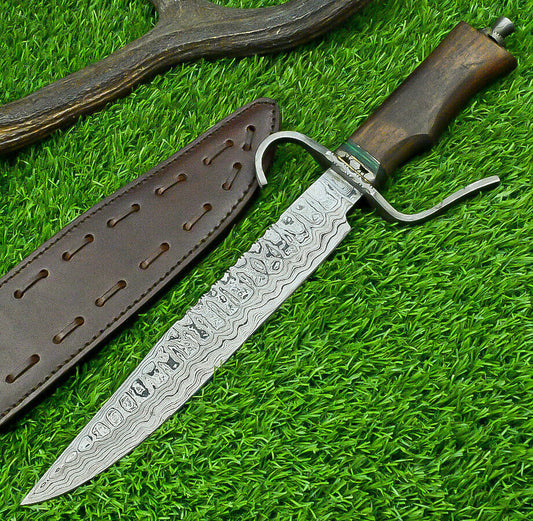 15 Inch Custom Handmade Damascus Steel Bowie Hunting Knife with Wood Handle and Steel Guard