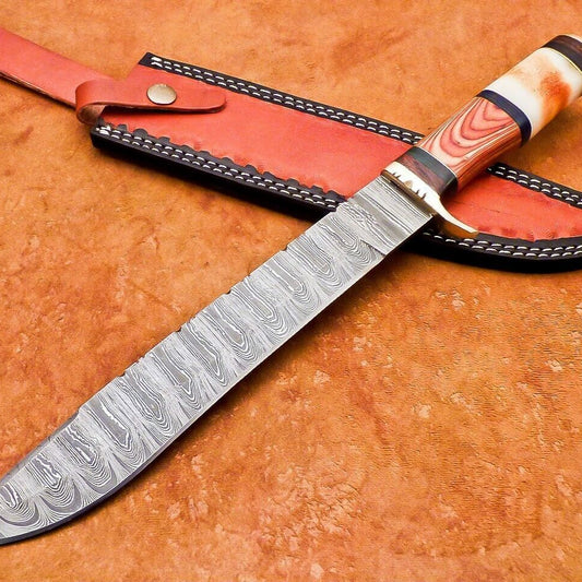 15 Inch Custom Handmade Damascus Steel Bowie Knife with Camel Bone and Hardwood Handle