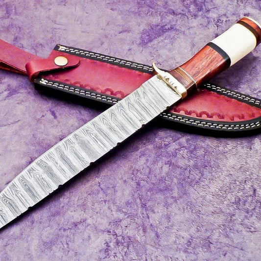 15 Inch Custom Handmade Damascus Steel Bowie Knife with Camel Bone and Wood Handle