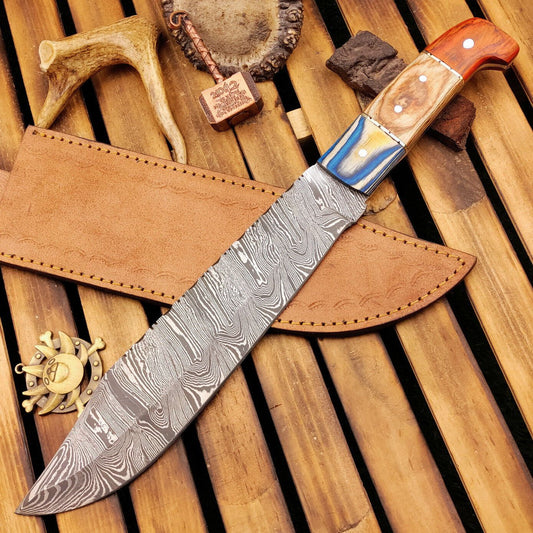 15 Inch Damascus Bowie Knife with Wood Handle Custom Handmade Hunting Knife